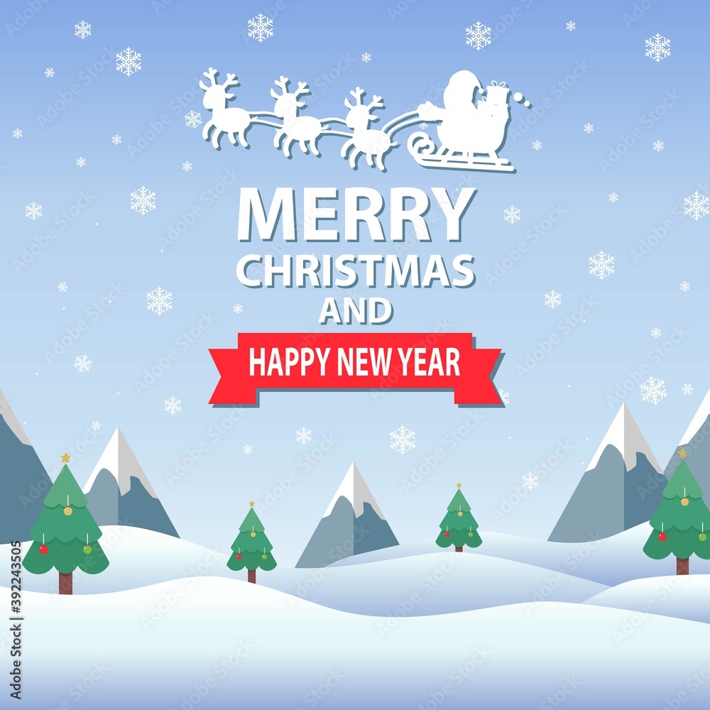 Merry Christmas and happy new year, vector Illustration background.  include santa, deer, tree, snow, etc. good for banner, card, book, gift, and happiness.