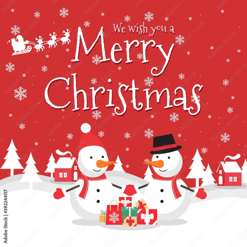 Merry Christmas vector Illustration background.  include Snow man wearing Hat scarf and winter glove, santa, deer, tree, snow, etc. good for banner, card, book, gift, and happiness