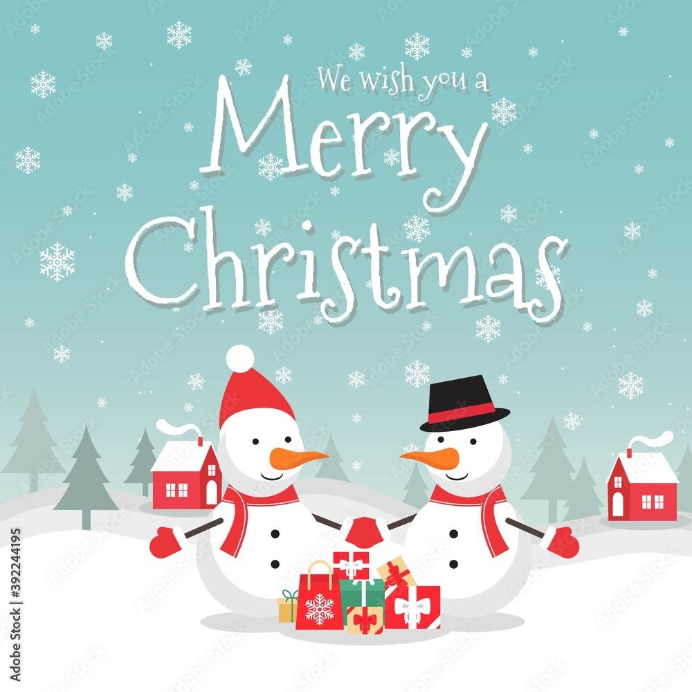 Merry Christmas and happy new year, vector Illustration background.  include Snow man wearing Hat scarf and winter glove, tree, snow, etc. good for banner, card, book, gift, and happiness