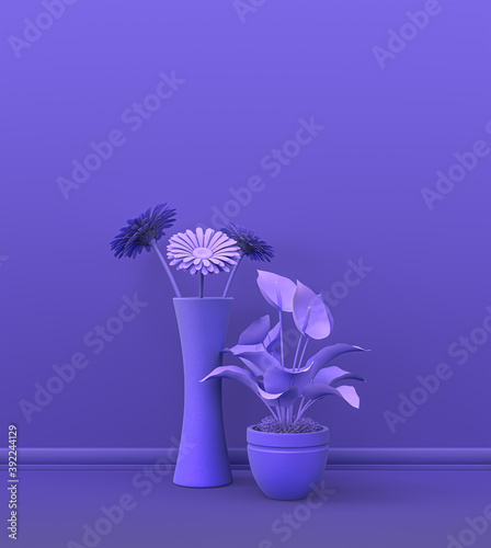 multiple plants front of a solid color wall in violet room for copy space and picture frame backgrounds. 3D rendering