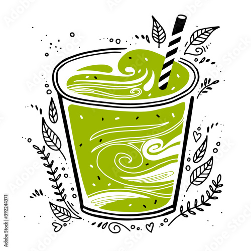smoothie fresh. Detox smoothie in doodle style. vector illustration on white background with breakfast food. green cocktail. concept healthy lifestyle