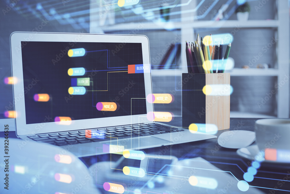 Fototapeta premium Double exposure of desktop with computer on background and tech theme drawing. Concept of big data.