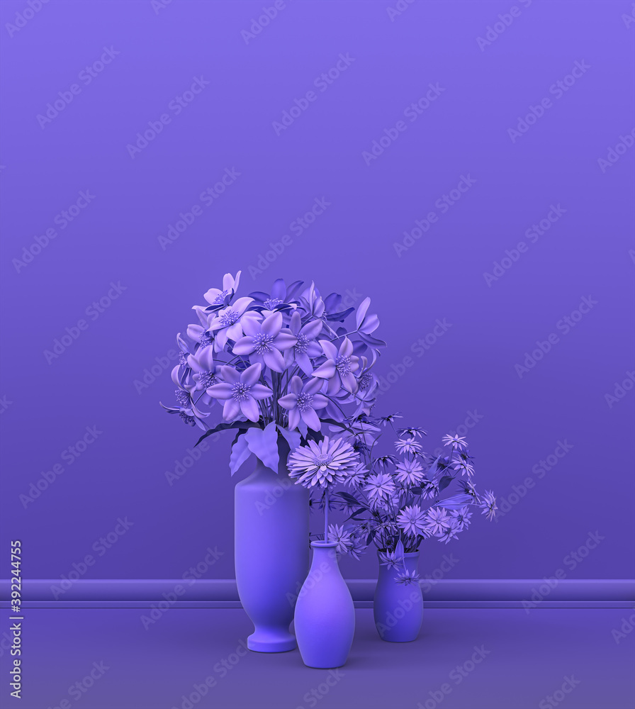 Fototapeta premium Interior room in plain monochrome violet color with group of decorative house plants, for copy space and poster frame backgrounds. 3D rendering
