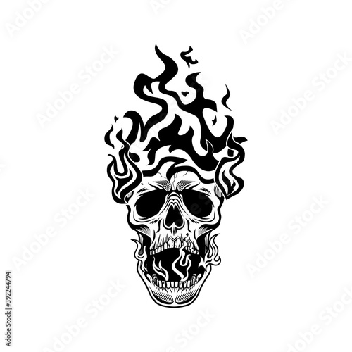 Burning head of skeleton vector illustration. Human skull in flame. Fire alarm concept for warning symbols or danger signs templates