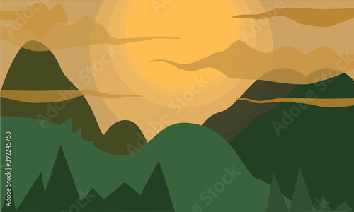The image with spectacular views of mountain scenery. The sun is rising above the landscape. 