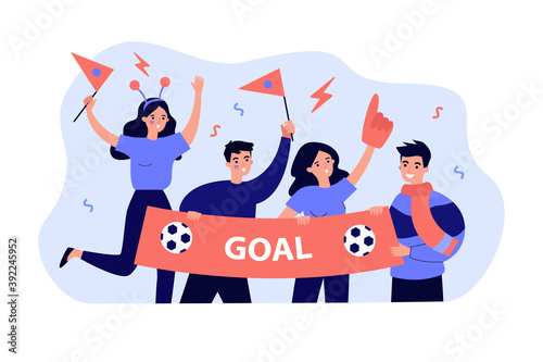 Active soccer fans holding banner isolated flat vector illustration. Cartoon group of characters cheering sport team and screaming during match. Entertainment and celebration concept