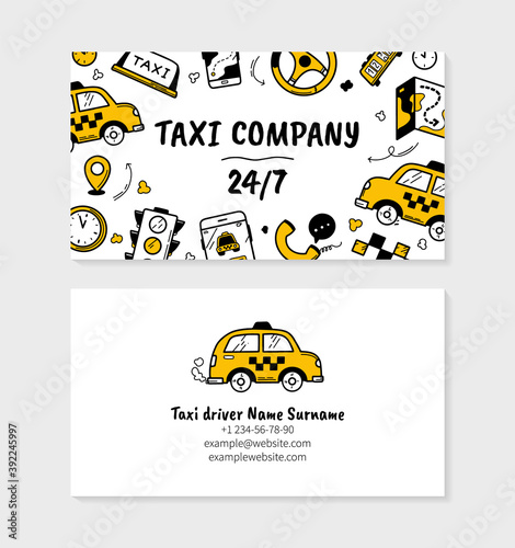 Taxi business visit card template for printing in Doodle style, double-sided vector template