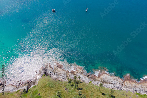 Phuket beach sea sand and sky. Aerial view of Landscape view of beach sea in summer day. Beach space area. At Karon Beach, Phuket, Thailand. On 15 November 2020. Nature and travel concept.