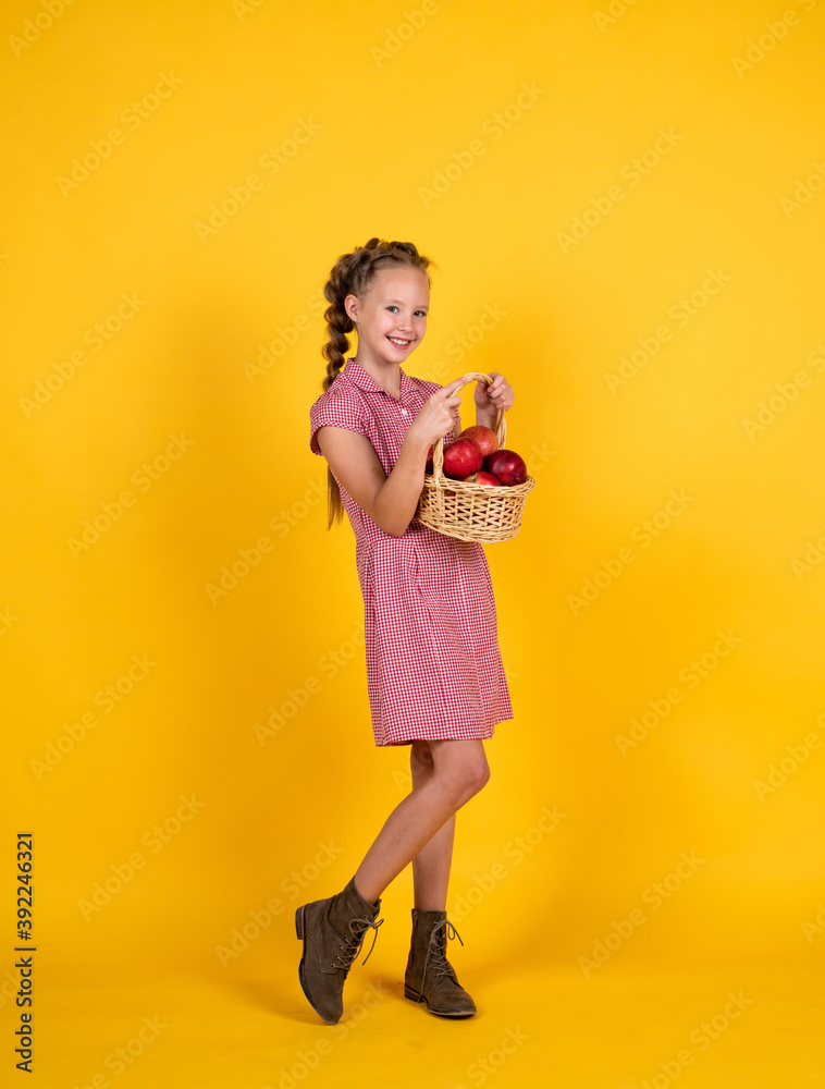 happy teen kid with apples full of vitamin picked from autumn harvest, vitamin happy teen kid with apples full of vitamin picked from autumn harvest, vitamin