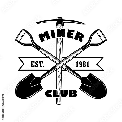 Tools for coal mining vector illustration. Crossed twibill, shovels, text on ribbon. Coal mining club concept for emblems and badges templates