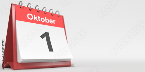 October 1 date written in German on the flip calendar page. 3d rendering