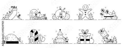 Merry christmas set of funny illustrations, christmas sketches in cartoon style. Characters and Christmas ornament. Collection of new year flat icons.
