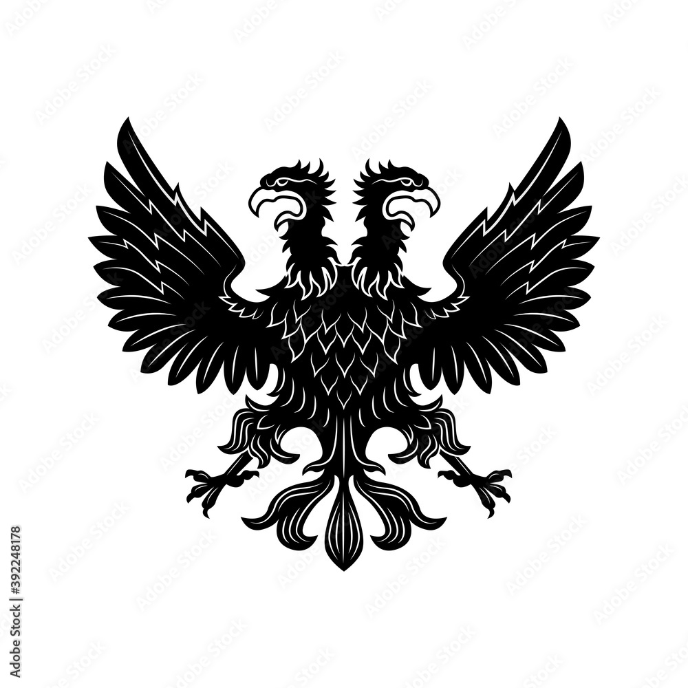 Double eagle vector illustration. Imperial heraldry, two headed hawk, noble bird. Monarchy or nobility concept for royal insignia or heraldic badge templates