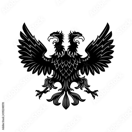 Double eagle vector illustration. Imperial heraldry, two headed hawk, noble bird. Monarchy or nobility concept for royal insignia or heraldic badge templates