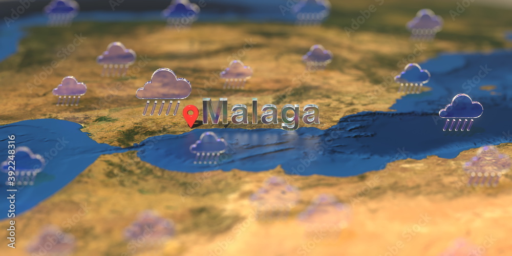 Rainy weather icons near Malaga city on the map, weather forecast related 3D rendering Rainy weather icons near Malaga city on the map, weather forecast related 3D rendering