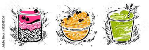 Chia pudding, granola, smoothie in doodle style on white background. cute stylized vector illustration with organic breakfast superfood. healthy food.