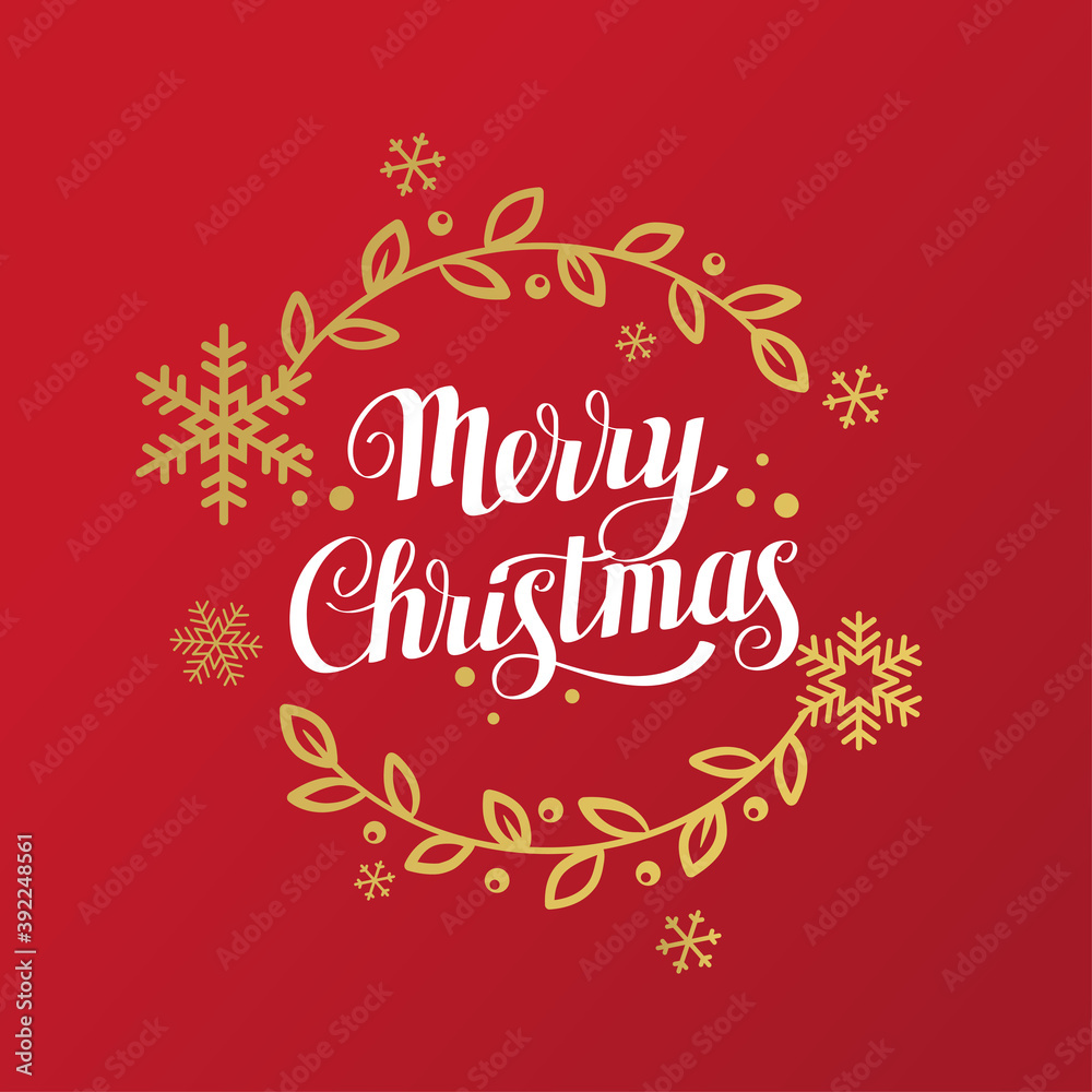 Merry christmas lettering with snowflakes and floral elements. Vector illustration