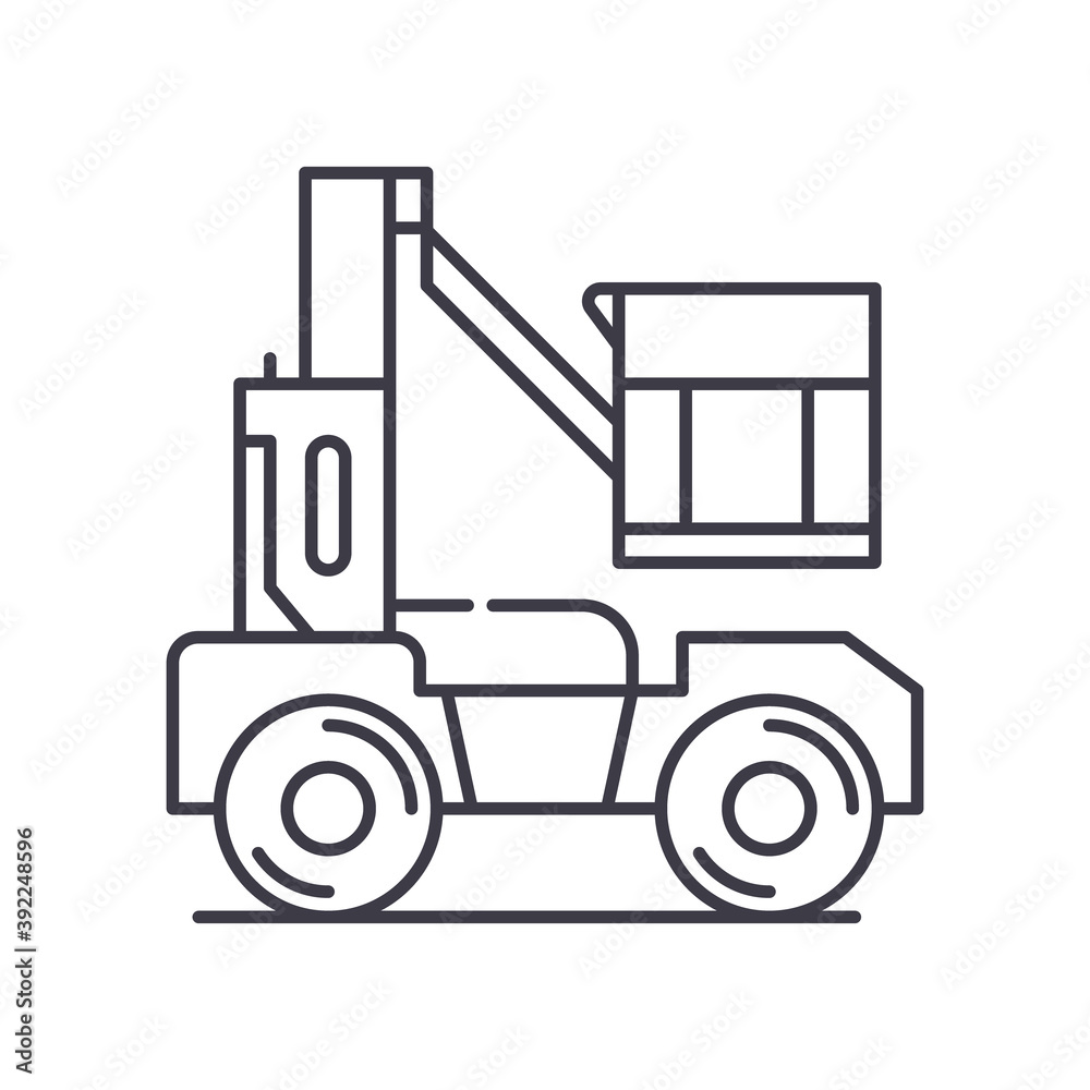 Boom lift concept icon, linear isolated illustration, thin line vector, web design sign, outline concept symbol with editable stroke on white background.