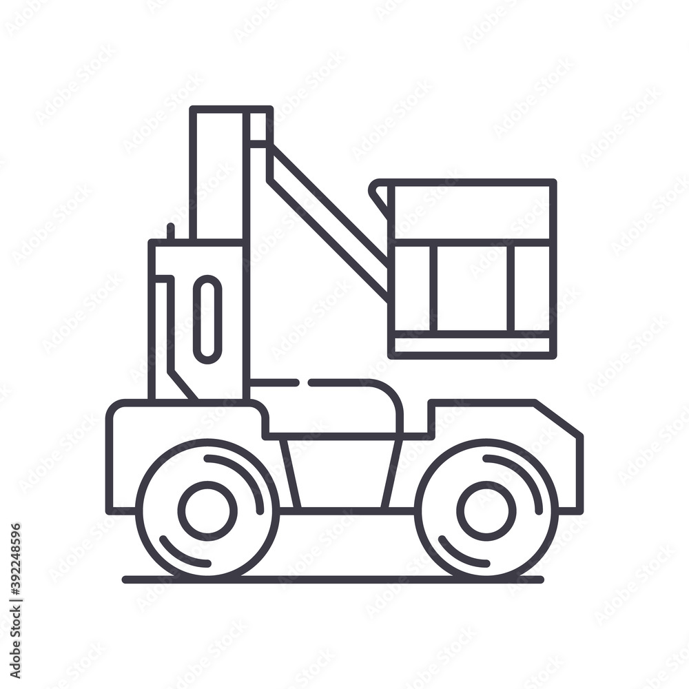 Boom lift concept icon, linear isolated illustration, thin line vector, web design sign, outline concept symbol with editable stroke on white background. Boom lift concept icon, linear isolated illustration, thin line vector, web design sign, outline concept symbol with editable stroke on white background.