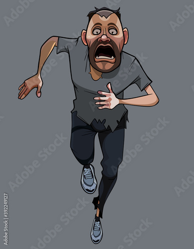 cartoon scared man in torn clothes runs with his mouth open