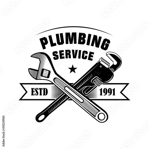 Crossed plumber tools vector illustration. Adjustable spanners and service text with ribbon. Plumbing or job concept for emblems and labels templates