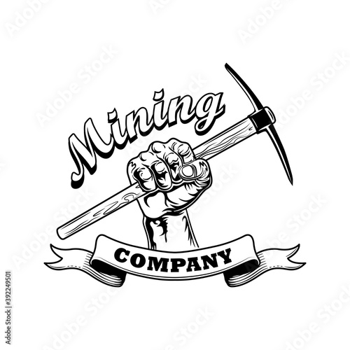 Coal miners hand vector illustration. Twibill in human fist, text on ribbon. Coal mining company concept for emblems and badges templates