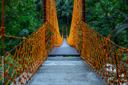Fototapeta Naklejka Na Ścianę i Meble -  Hanging bridge with orange ropes in green jungle forest. Tropical jungle moody landscape with suspension bridge. Tropical island jungle trekking footpath. Summer vacation adventure tour