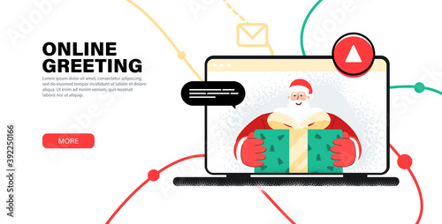 Online greeting merry christmas from Santa. Greeting child with New Year by webcam. Laptop with online greeting from Santa Claus Merry Christmas and Happy New Year via video communication.