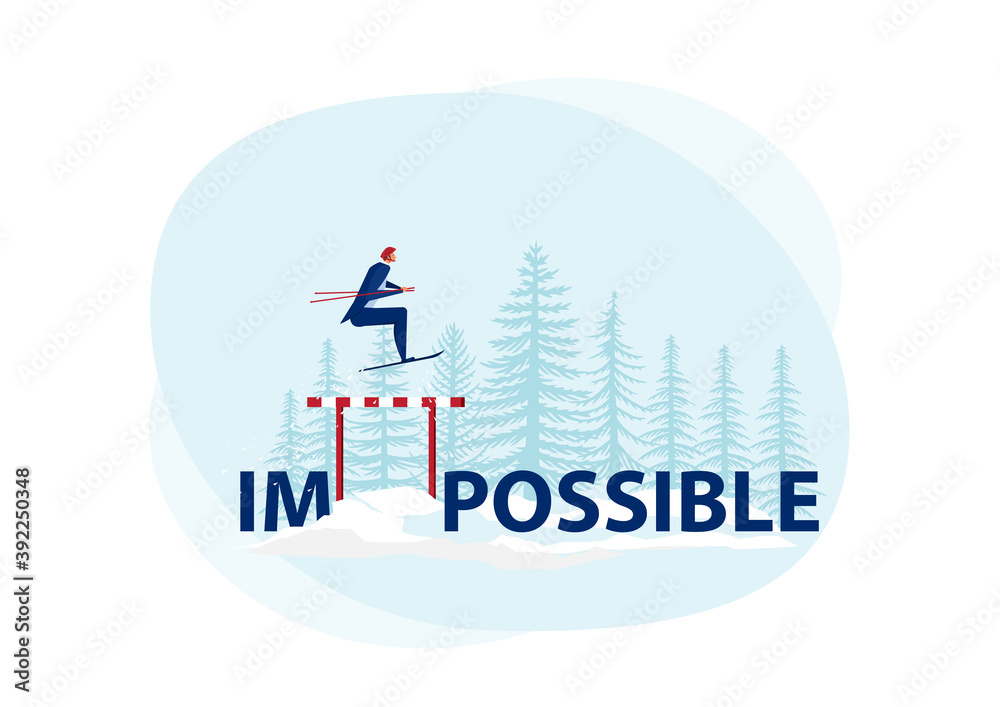 Businessman use sky jumping over impossible word to possible on snow background. Symbol of determination, aspiration, ambition, motivation and success