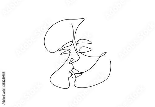 One line abstract love couple. Continuous linear drawing of woman man silhouettes, hand drawn kissing couple, contemporary art poster, card. Vector illustration