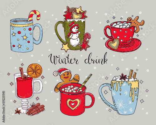 Colorful set of hot winter drinks with calligraphy on an isolated background. Vector illustration.