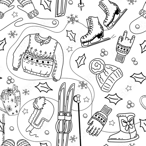 Winter seamless pattern with skates, skis, clothing. Coloring book. Vector.