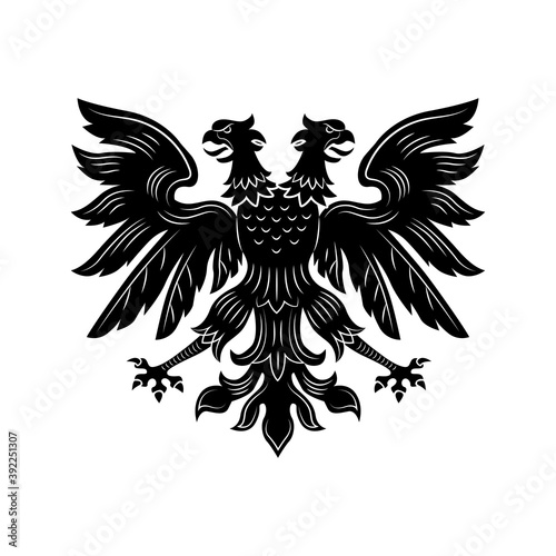 Severe double eagle vector illustration. Imperial heraldry, two headed hawk, open wings and beaks. Monarchy or nobility concept for royal insignia or heraldic badge templates