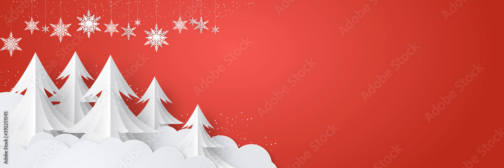 Christmas tree branches background with clouds, snowflake, star, and tree