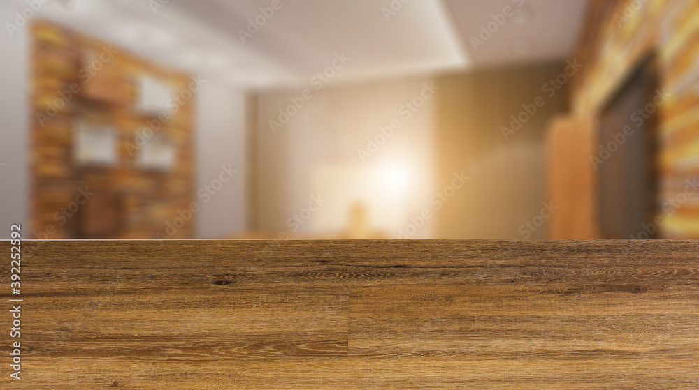 Elegant office interior. Mixed media. 3D rendering.. Sunset.. Abstract blur phototography. wooden table on blurred background.