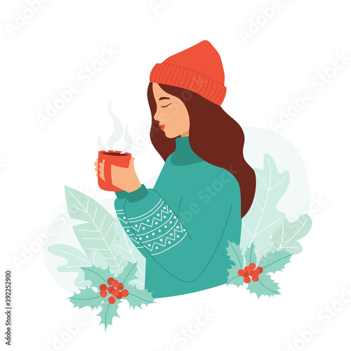 Young woman in a warm sweater and hat holds a mug of hot drink in her hand. Cozy winter concept, cute greeting card, invitation, sticker. Isolated vector illustration