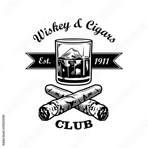 Gentlemens bar vector illustration. Glass of whiskey with ice cubes, crossed cigars, text. Bar or pub concept for labels or badges templates