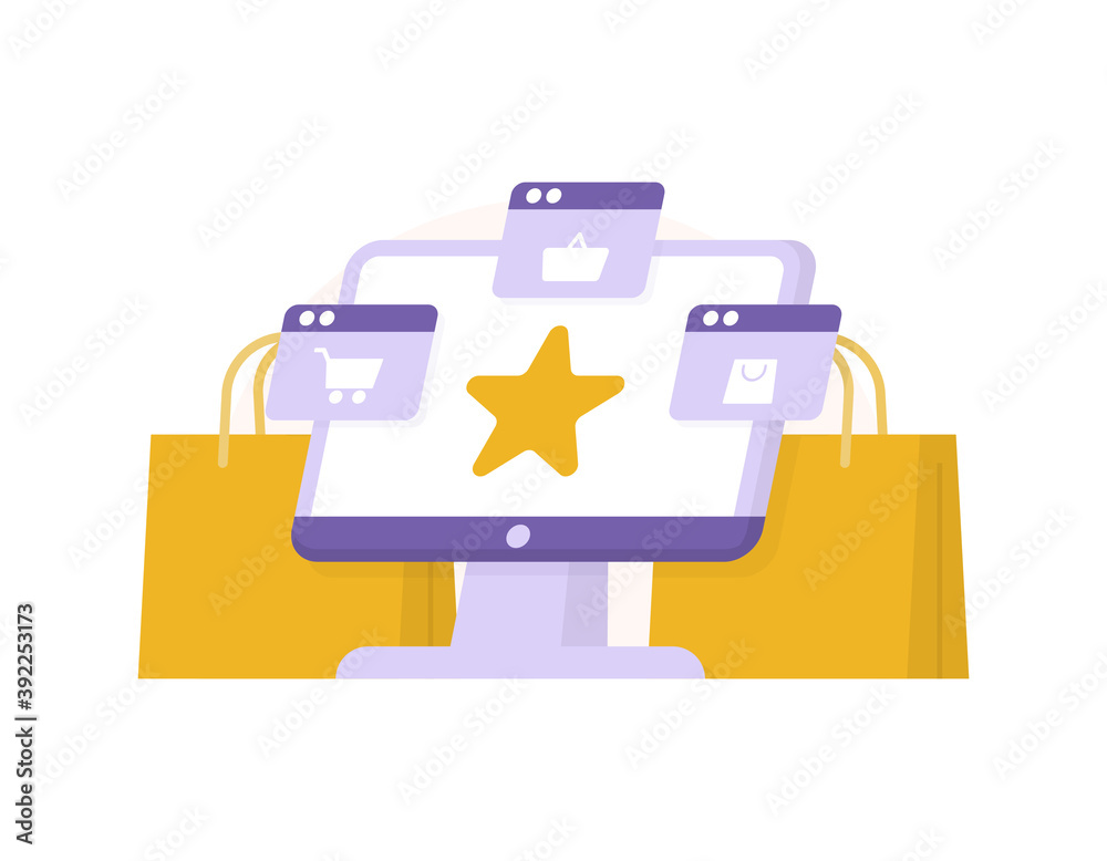 the concept of online shopping, marketplace, e-commerce, online shop. illustration of a computer monitor, shopping cart and bag symbol, star. flat style. design element or icon the concept of online shopping, marketplace, e-commerce, online shop. illustration of a computer monitor, shopping cart and bag symbol, star. flat style. design element or icon