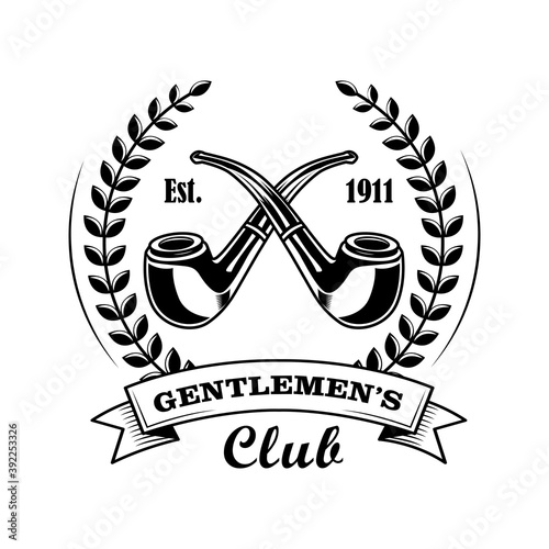 Gentleman club symbol vector illustration. Crossed pipes, laurel wreath, text. Tobacco shop concept for labels or badges templates