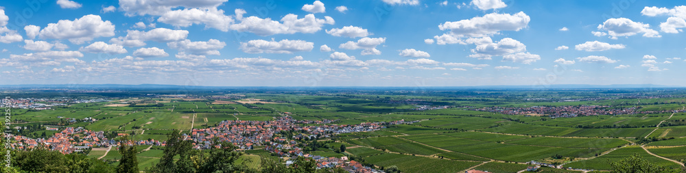 Fototapeta premium Panoramic view of the Upper Rhine Plain / Germany, seen from the Schlossberg near Hambach