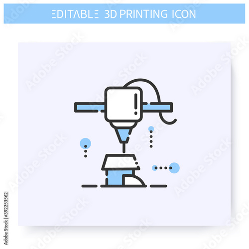 3d printing line icon. New house model under printing head. 3d printing in architecture. Additive Manufacturing, fabber technology, prototyping industry. Isolated vector illustration.Editable stroke 