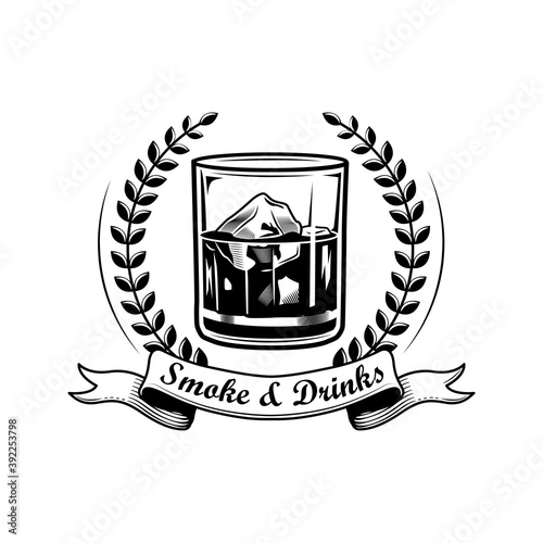 Label with strong drink vector illustration. Glass of whiskey with ice cubes, laurel wreath and text on ribbon. Bar or pub concept for labels or badges templates