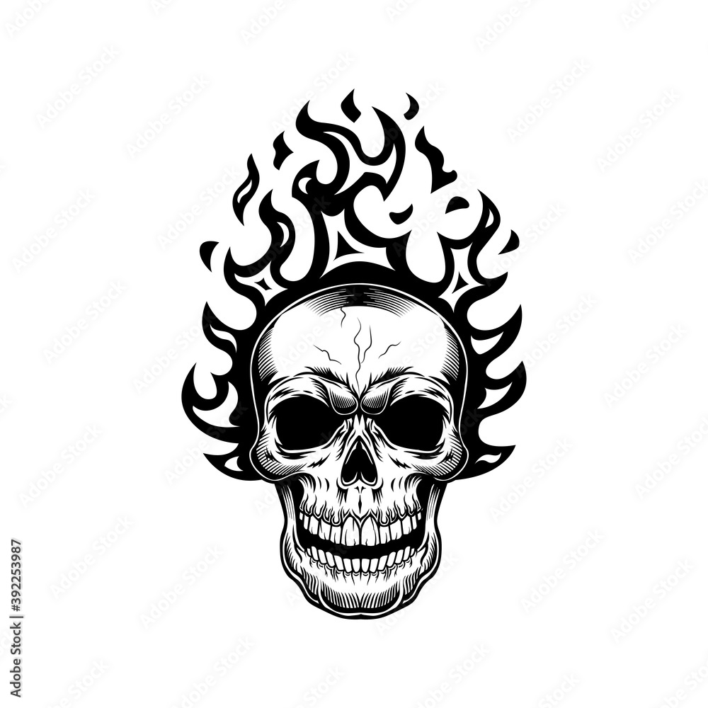 Fototapeta premium Head of skeleton in flame vector illustration. Burning human skull. Fire show concept for emblems or labels templates