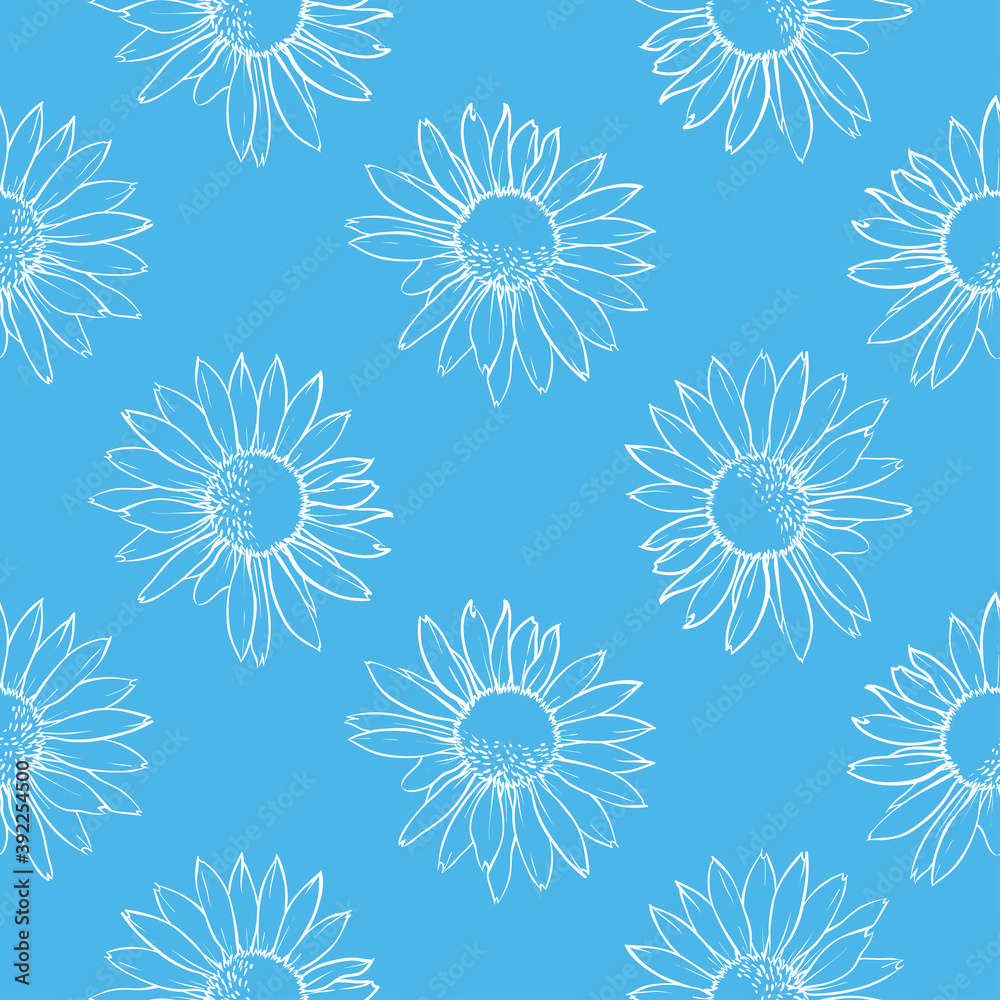 Blue floral seamless pattern. White daisies. Hand drawn vector illustration.