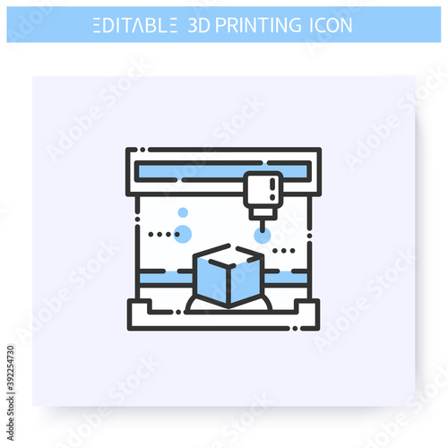 3d printing line icon. Printing head prints a product or item. 3d modeling process. Additive Manufacturing, fabber technology, prototyping industry. Isolated vector illustration. Editable stroke 