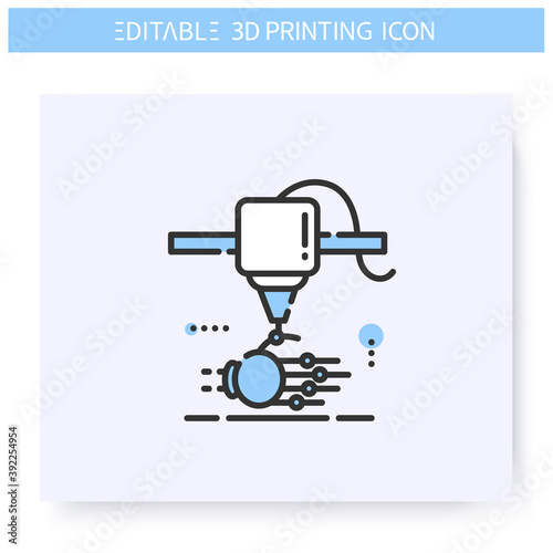 3d printing line icon. Bionic hand under printing head. Prosthetics and organ transplants. Bioprinting in healthcare industry. Additive Manufacturing. Isolated vector illustration. Editable stroke