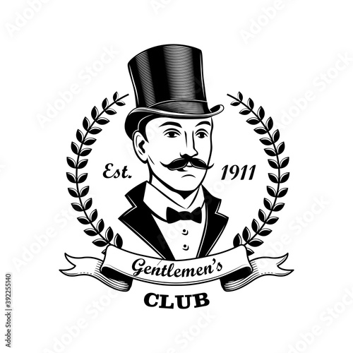Gentlemen club emblem vector illustration. Man in smoking and top hat, laurel wreath frame. Bar, pub or shop concept for labels or badges templates