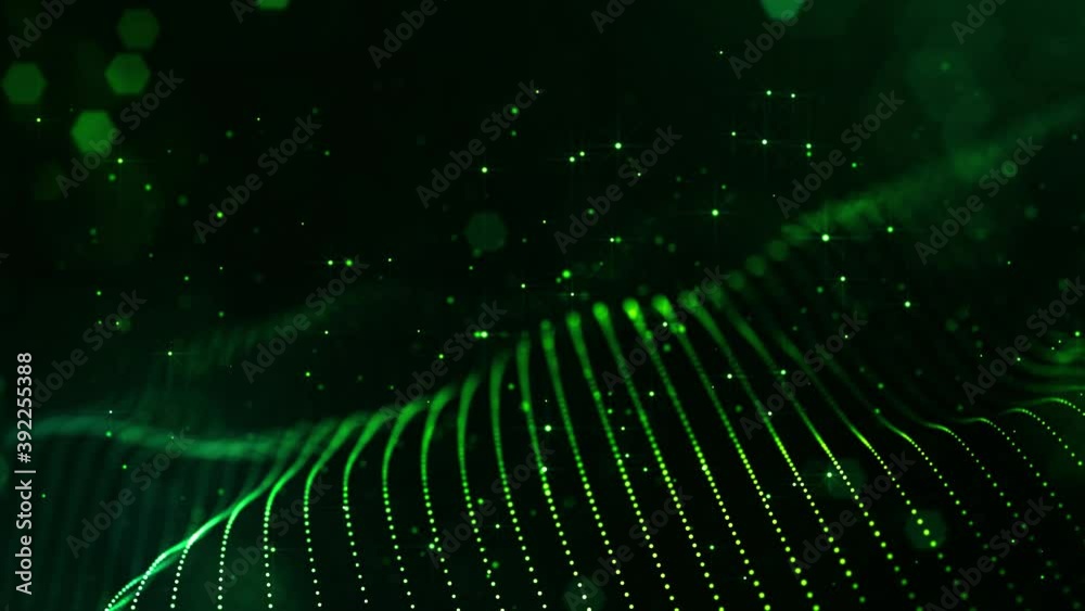 4k looped science fiction particle background with bokeh, light effects. Glow green color particles form lines, surfaces, complex structures. Suitable for sci-fi themes or as vj loop motion design bg