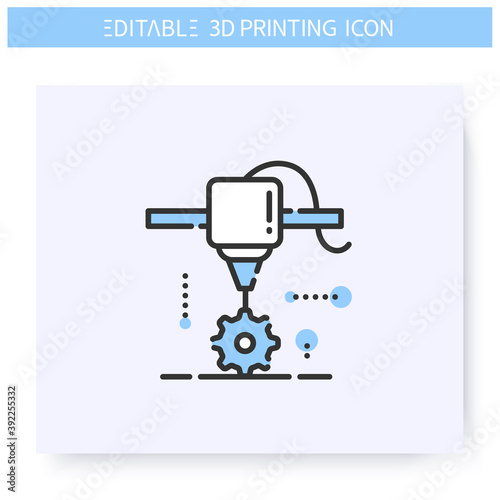 3d printing line icon.New detail under printing head. 3d printing in mechanical engineering.Additive Manufacturing,fabber technology, prototyping industry. Isolated vector illustration.Editable stroke
