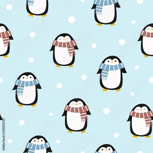 Penguins wearing scarf and hat, on a snowy blue background. Winter holiday vector repeat pattern.